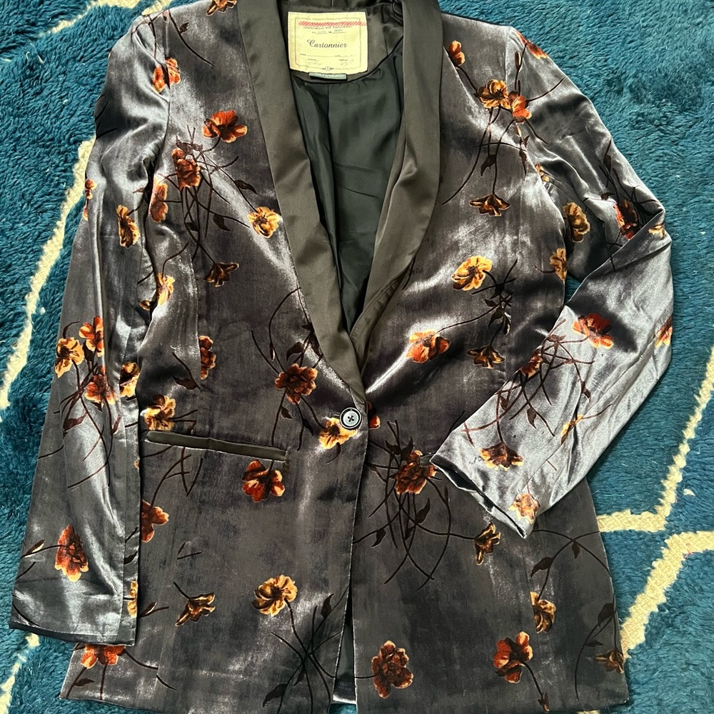 Cartonnier Floral Velvet Blazer - Steel Blue Grey